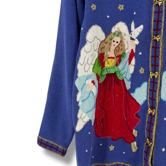Storybook Knits Holiday Angel Cardigan Sweater Women's Sz M Gold Bow Buttons - Picture 2 of 6